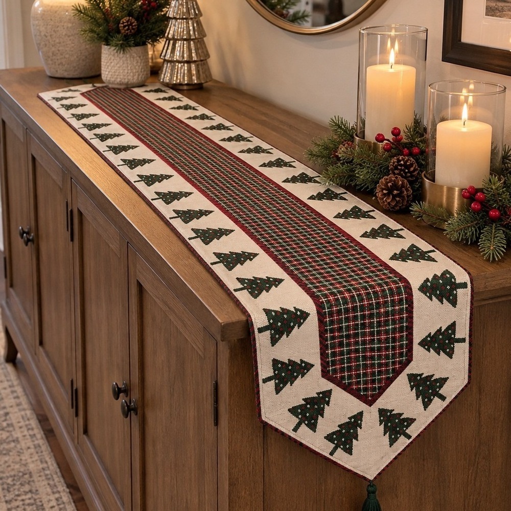 Vintage Christmas Table Runner Tapestry Plaid Trees Tassels 72" Holiday Decor